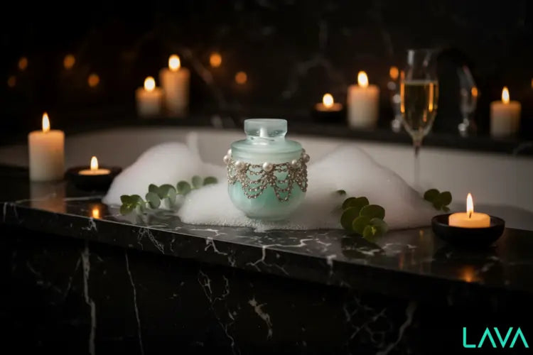 Luxury Pearl Cubic S2 JAR with Decorative teal color wax to highlight the pearl and crystal embellishments in a Relaxation scene 