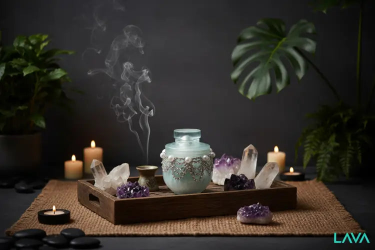 Luxury Pearl Cubic S2 JAR with Decorative teal color wax to highlight the pearl and crystal embellishments  - in our meditation room