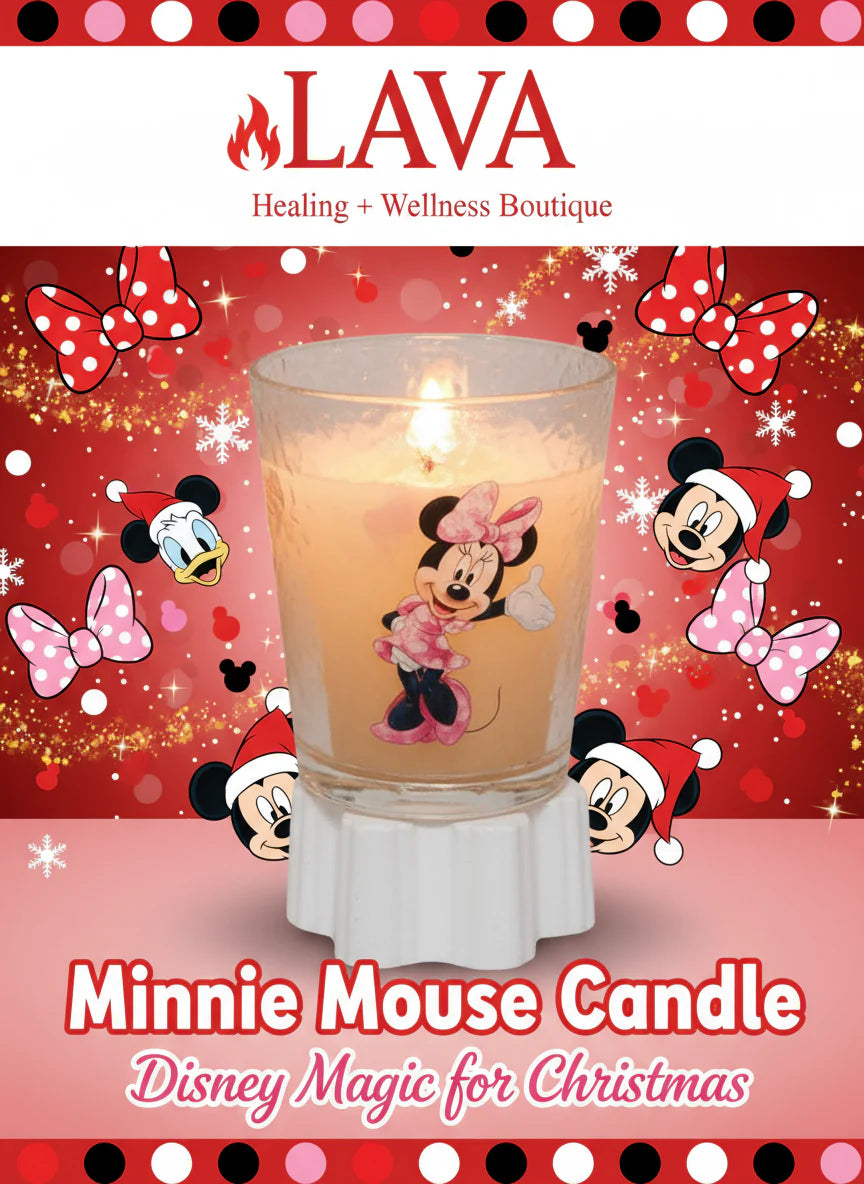 Minnie Mouse candle on a red background with LAVA branding