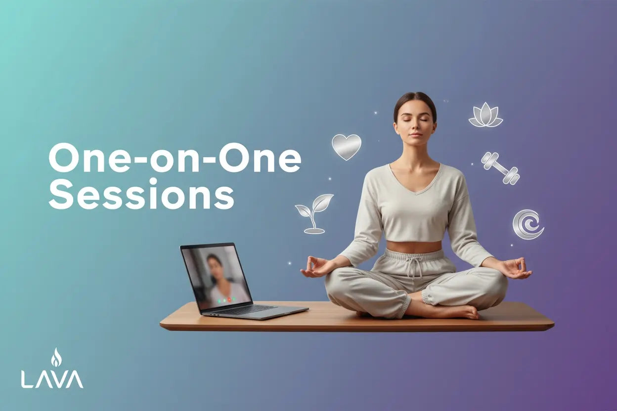 Woman meditating with a laptop on a platform, surrounded by icons and text about one-on-one sessions.