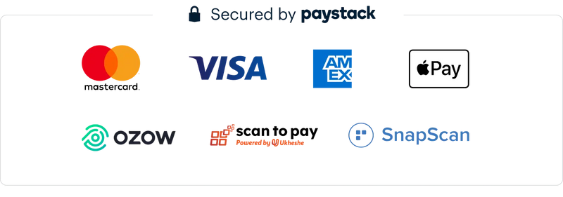 PAYSTACK OFFICIAL Logos of various payment methods including Mastercard, Visa, AMEX, Apple Pay, OZOW, scan to pay, and SnapScan on a white background.