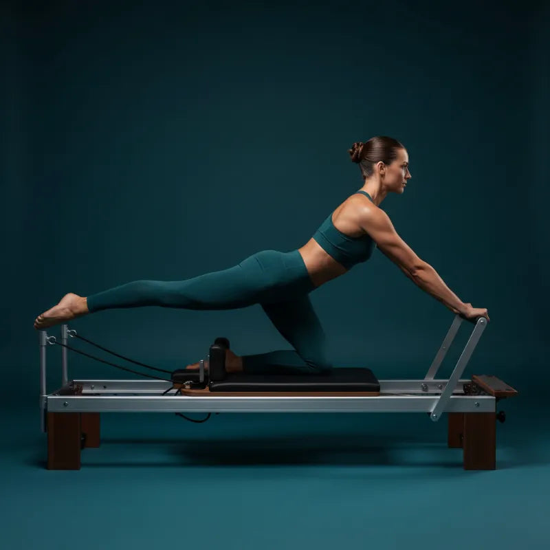 Woman exercising on a Pilates reformer machine