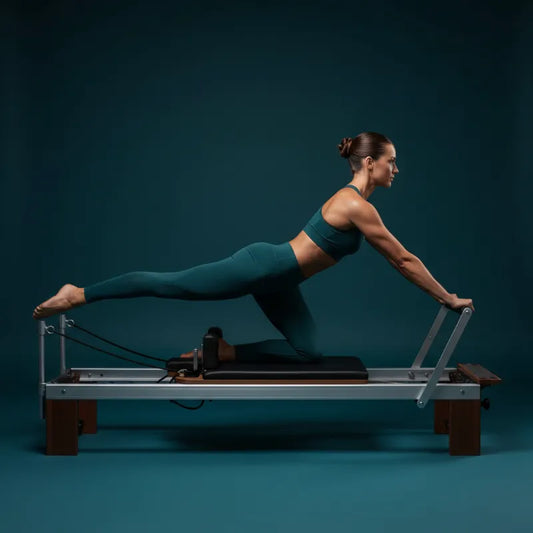 Woman exercising on a Pilates reformer machine