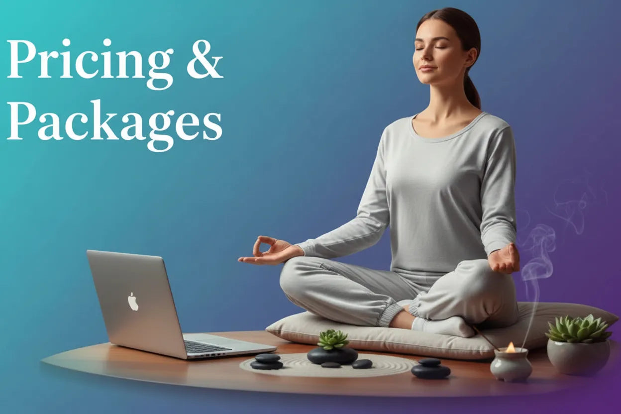 Woman meditating in front of a laptop