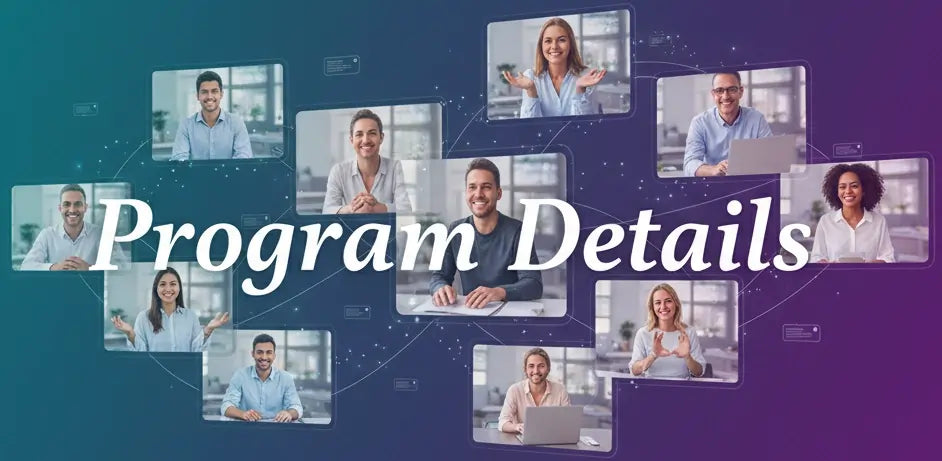 Collage of people in video calls with 'Program Details' text overlay on a blue and purple gradient background.