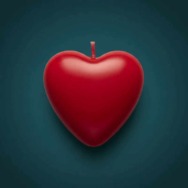 Red heart-shaped wax candle on dark teal background – LAVA Heart Candle