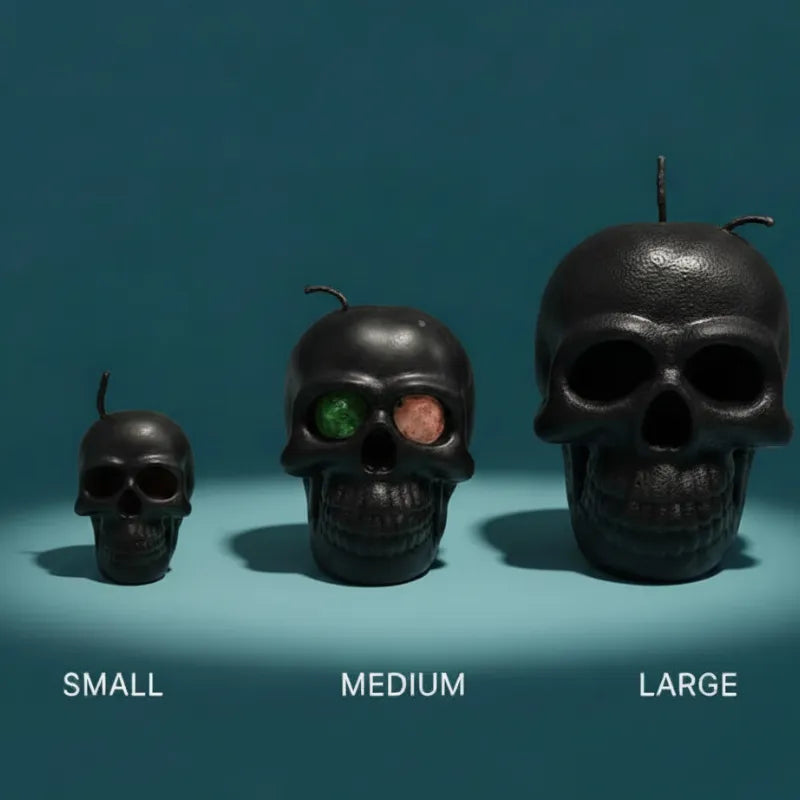 Three black skull-shaped candles of different sizes on a teal background
