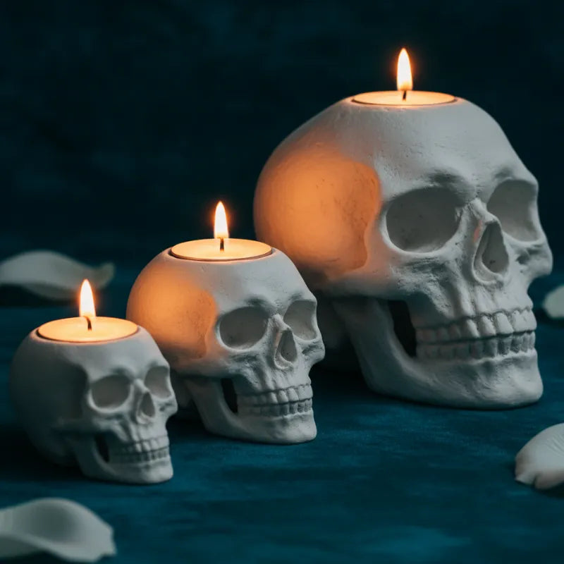 Skull-shaped candle holders with lit candles - size comparison