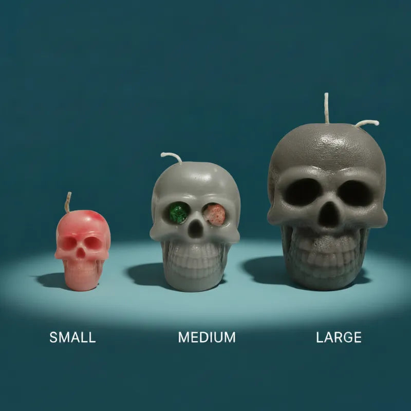 Three skull-shaped candles in small, medium, and large sizes on a blue background.