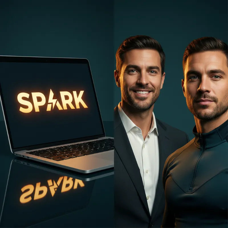 Two men standing next to a laptop