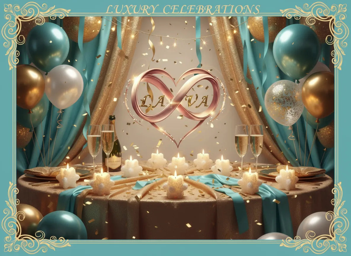 Decorative setup with balloons, candles, and a cake with 'LAVIA' on a table.