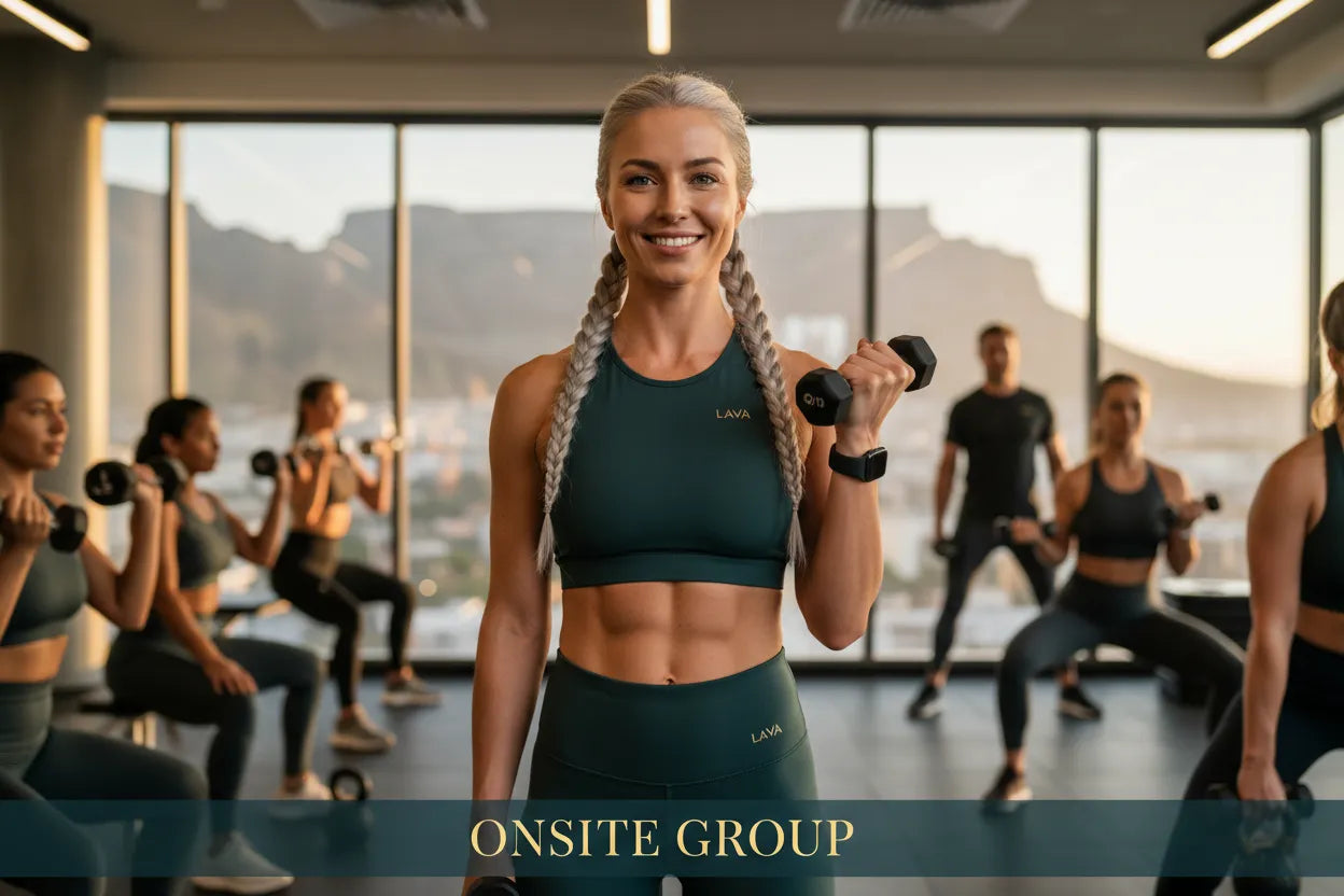 Lava trainer exercising with dumbbells in a fitness class setting