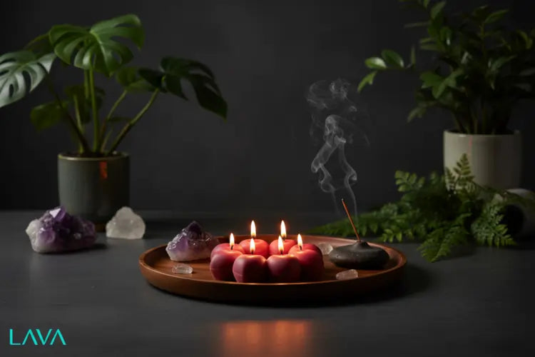 HEART STRUNG candles on a dark surface, surrounded by plants and crystals.