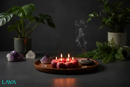HEART STRUNG candles on a dark surface, surrounded by plants and crystals.