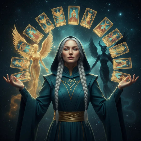 LAVA balancing angel and devil aspects surrounded by tarot cards.