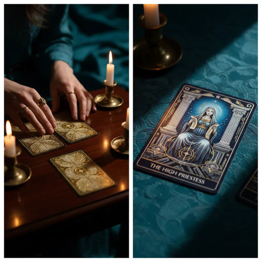 Two tarot cards with 'The High Priestess' and a candlelit setting.