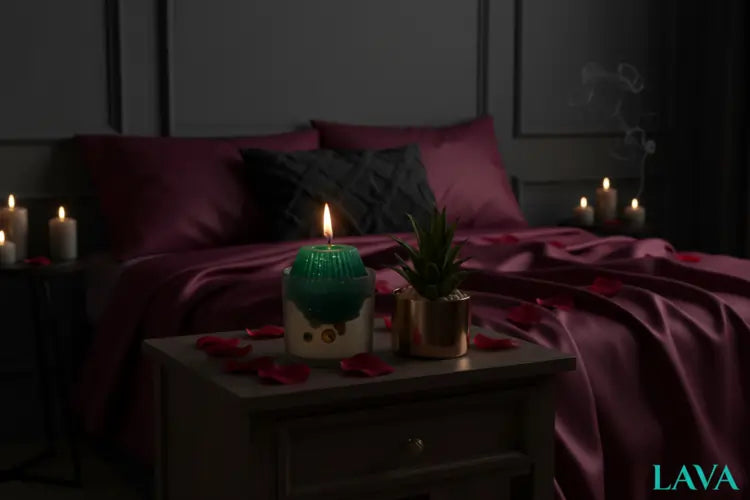 Bedroom setting with LAVA THOR candles To inspire the Superman within (wink, wink)
