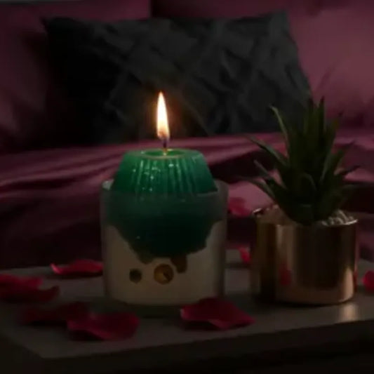 LAVA bedroom cosy Thor vibes using Green and blue THOR theme candle burning in sooted effect matte glass *illustration is styled with SNOW white wax at glass base