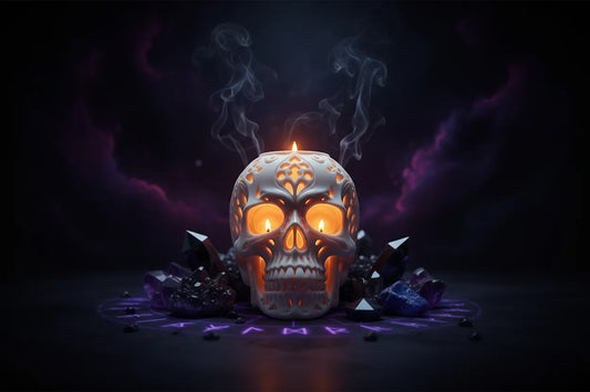 Skull-shaped candle with decorative patterns on a dark background-SPECIAL REQUEST