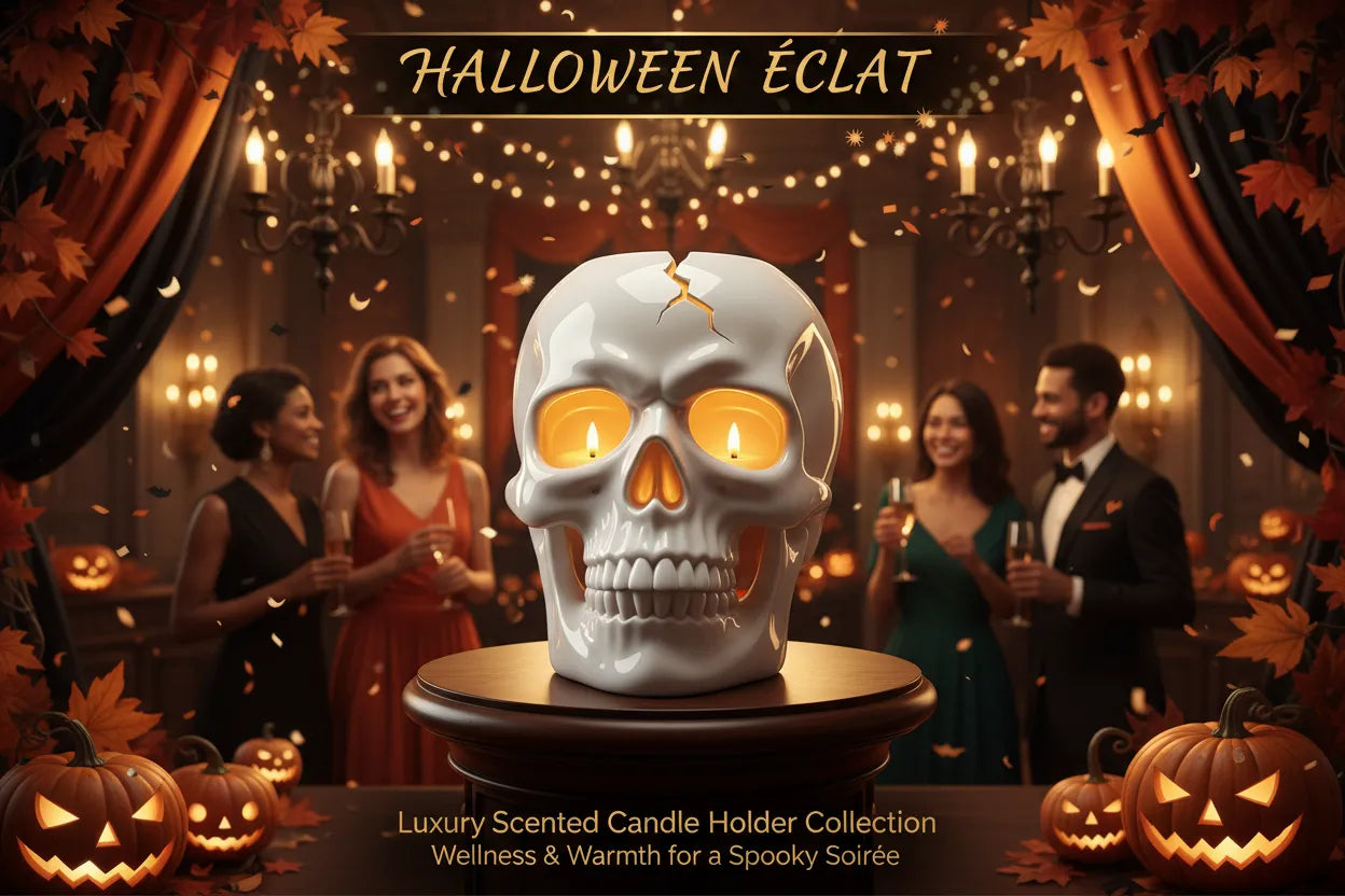 SPECIAL REQUEST ITEM - Halloween-themed candle holder with people in a festive setting