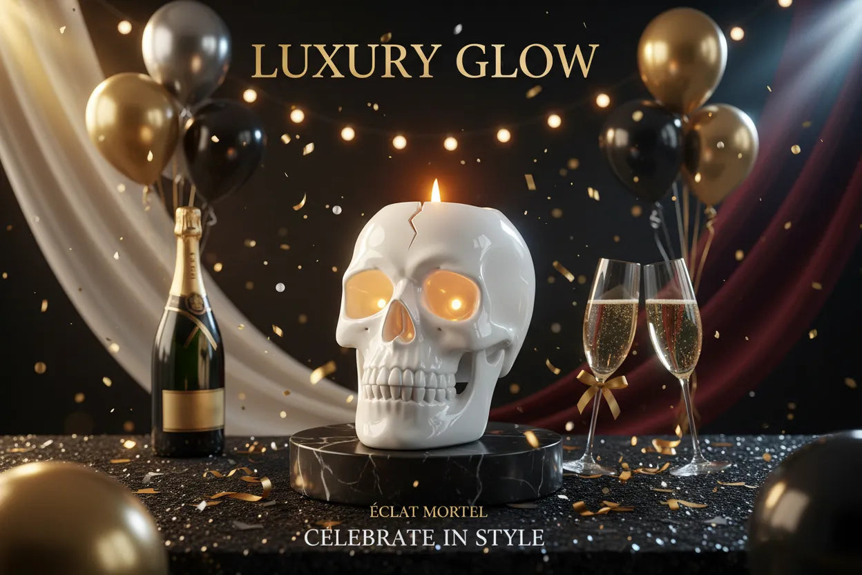 Skull-shaped candle with champagne bottle and glasses on a glamorous background with 'Luxury Glow' text.STANDARD ITEM